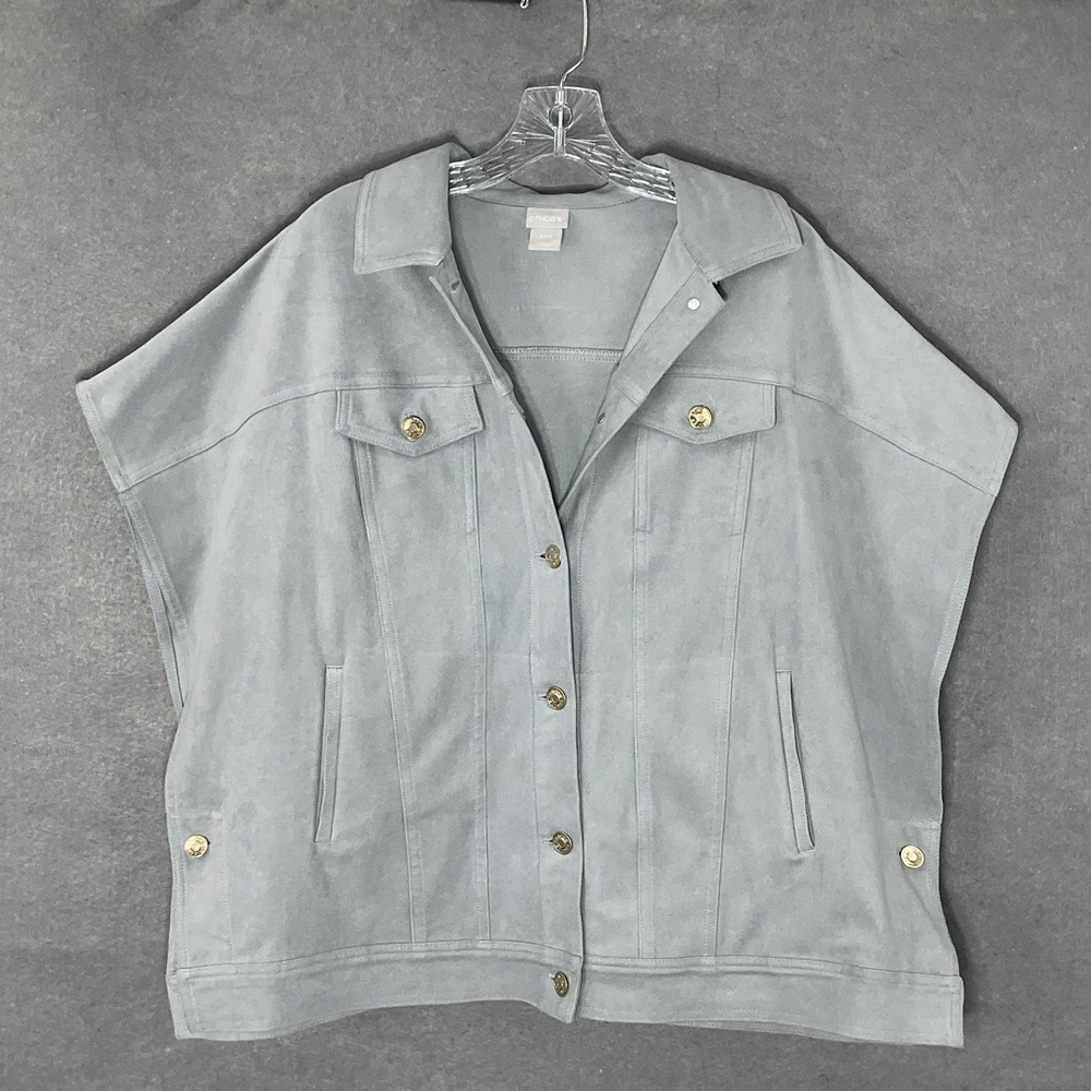 Chico's Trucker Vest‎ Womens Sz S/M Dusty Gray Boxy Faux Leather Jean Jacket